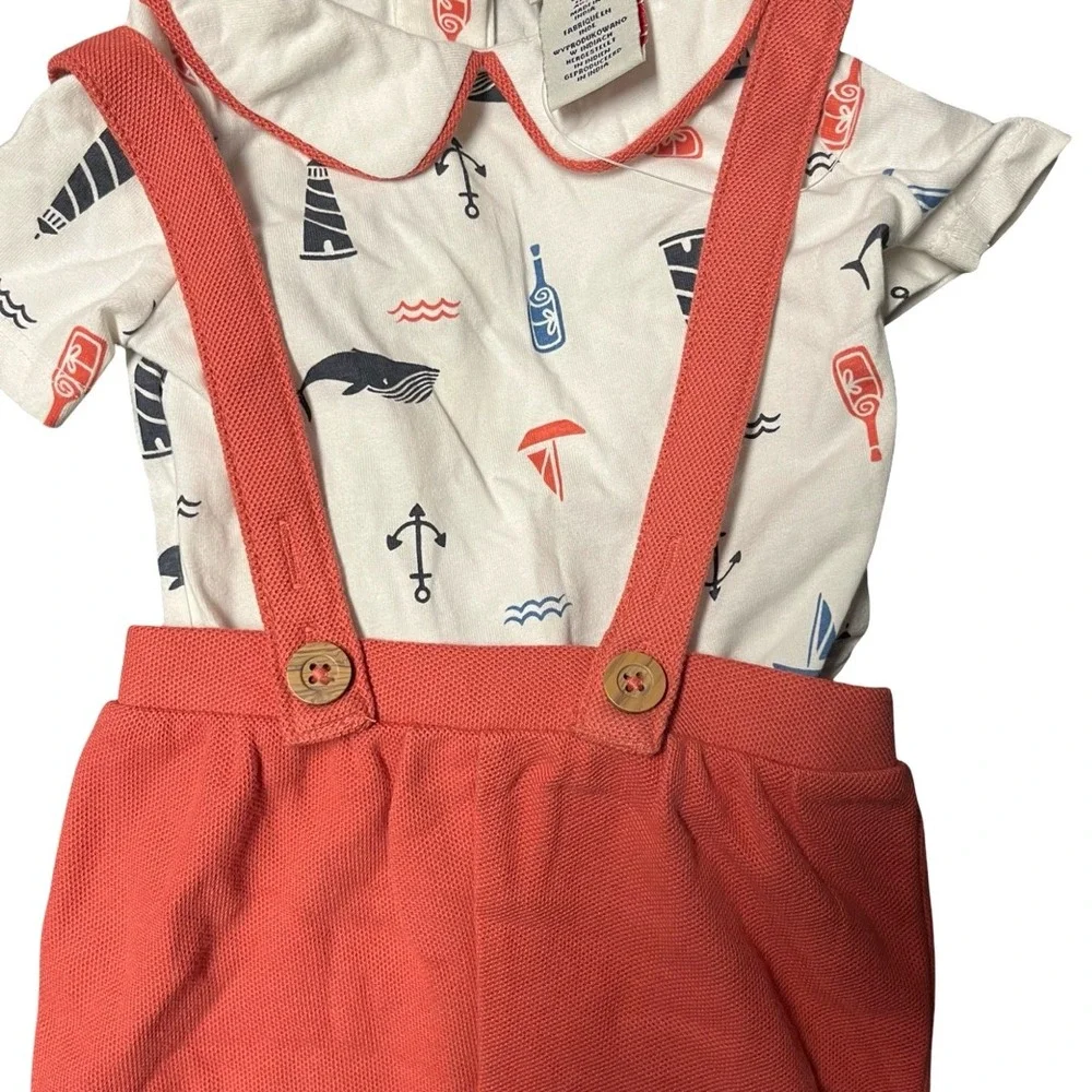 NWOT Caribbean Joe Baby Boy Nautical Bodysuit and Suspender Shorts Set 3-6 Month